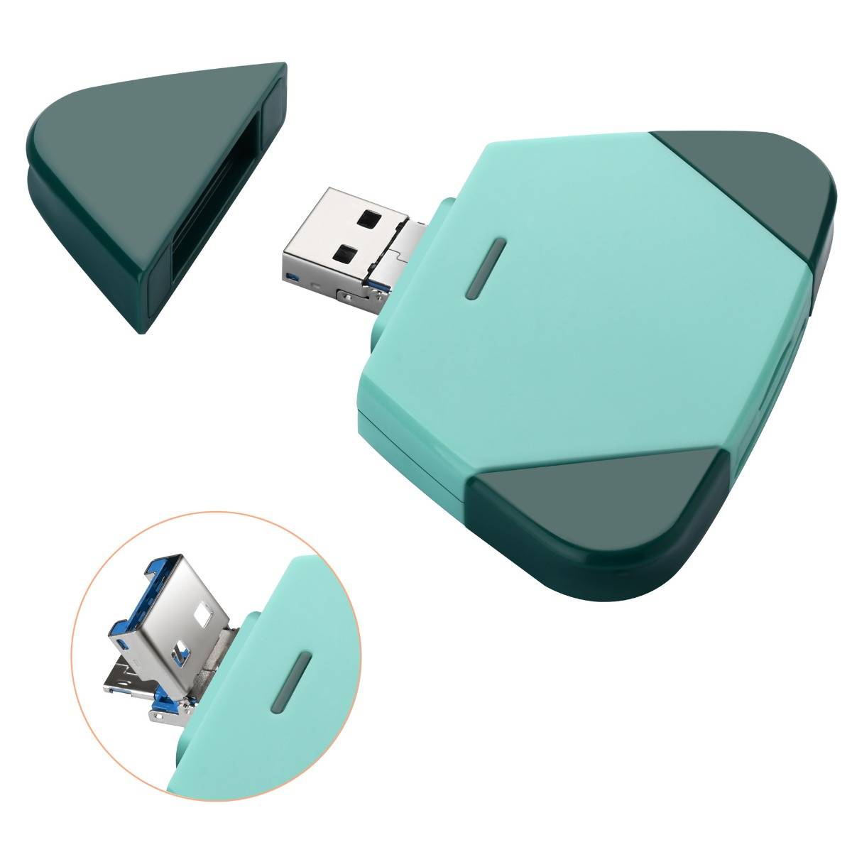Ein türkisfarbener USB-Stick mit abnehmbarer Kappe, teilweise geöffnet gezeigt, mit einer Nahaufnahme des USB-Anschlusses.