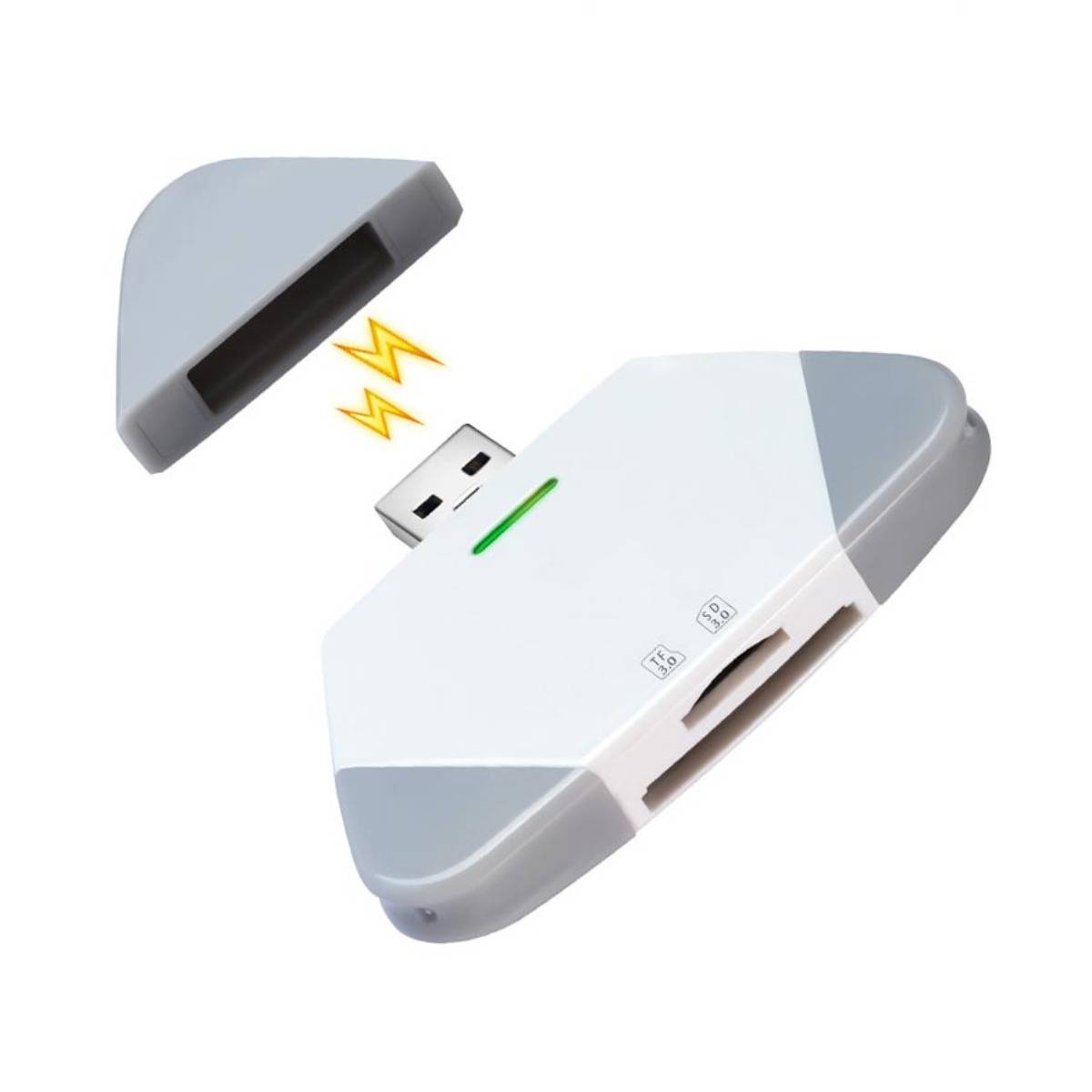 USB-Kartenleser, offen dargestellt, mit abnehmbarer Kappe und Blitzsymbol, das eine drahtlose oder Ladeverbindung anzeigt.
