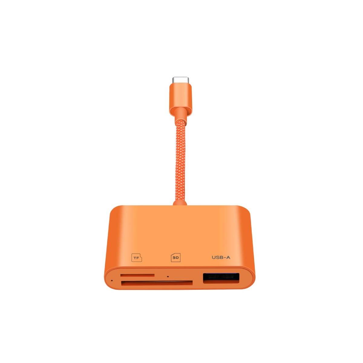 Orange USB-C Adapter Hub mit geflochtenem Kabel, mit SD- und microSD-Kartensteckplätzen und einem USB-A-Anschluss.