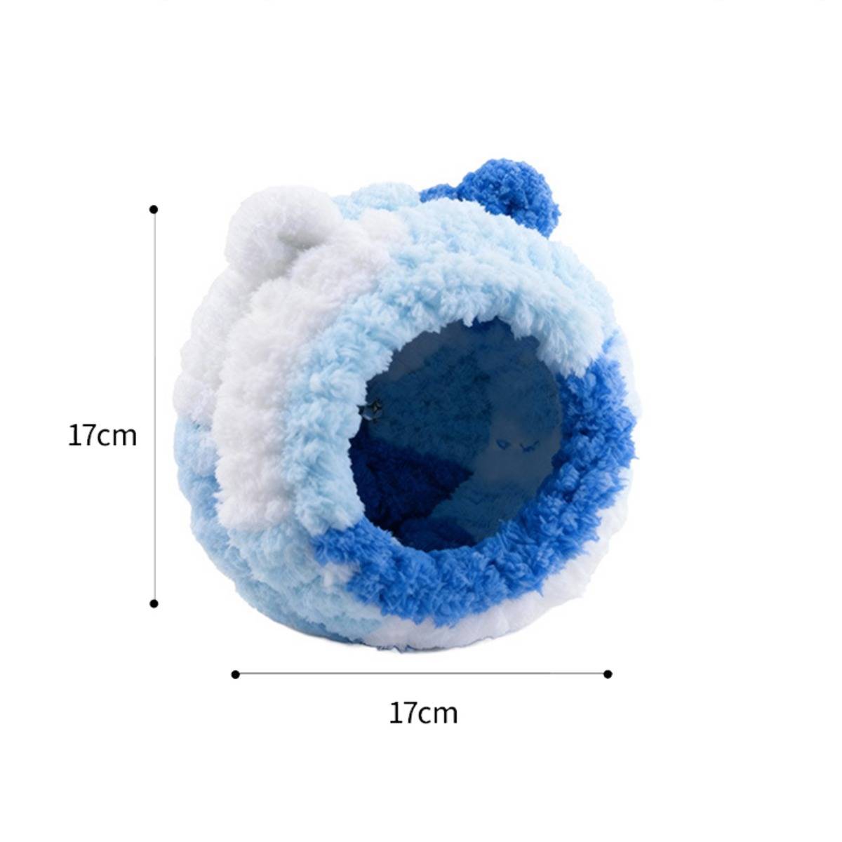 Blau-weiß gepolstertes Haustiertunnel-Bett, rundes öffnung, beschriftet 17 cm hoch und 17 cm breit.