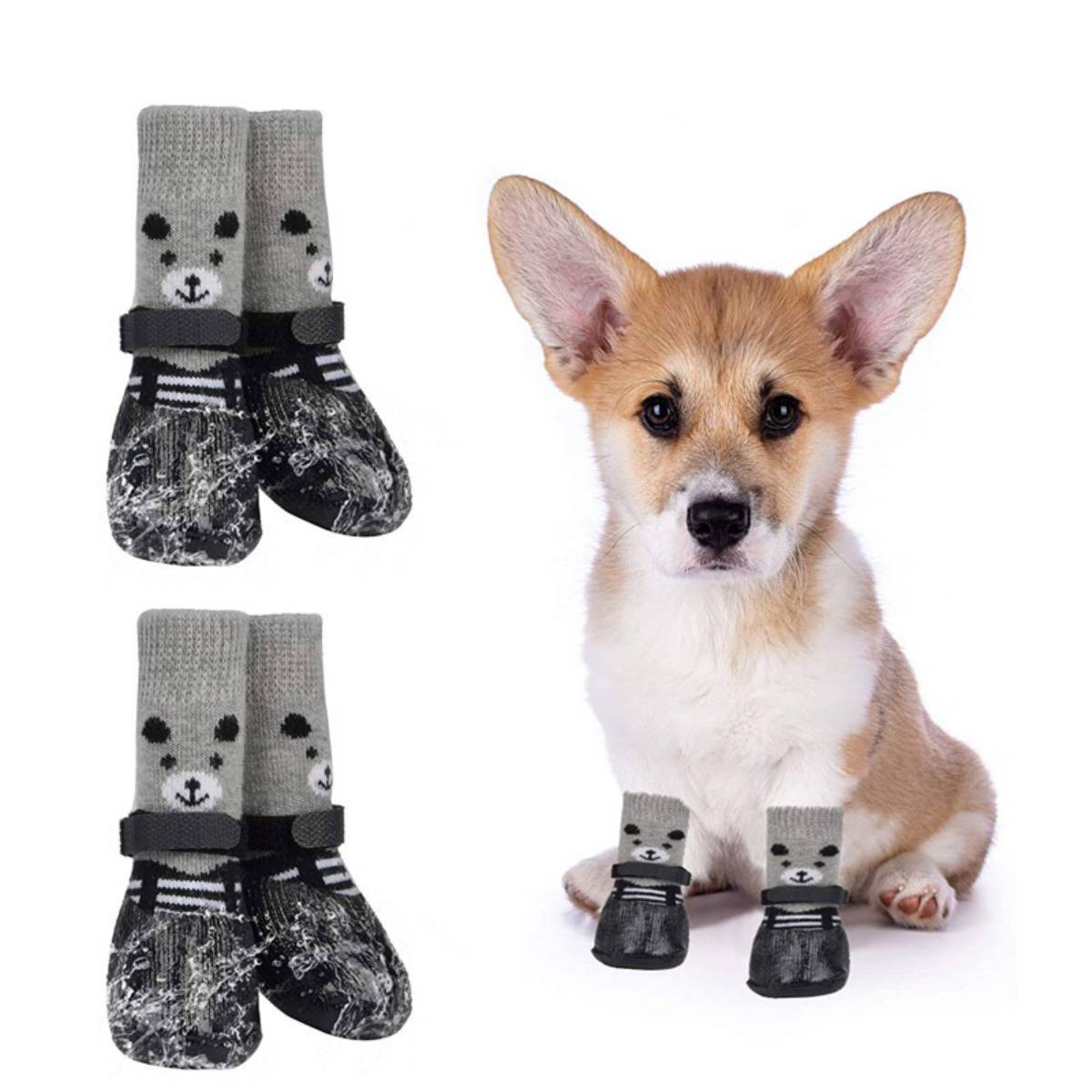 Corgi-Welpe, der winzige grau-schwarze Hundestiefel trägt, mit entsprechenden Stiefelpaaren auf der linken Seite als Produktbeispiele gezeigt.