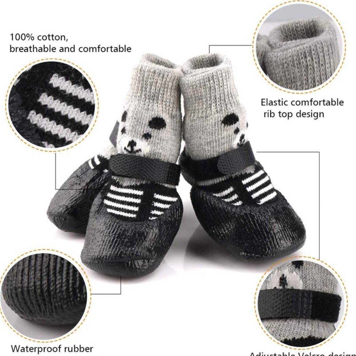 Produktabbildung von Babyschühchen mit Socken, die 100% Baumwolle, elastisches Rippenbündchen, wasserdichte Gummisohle und verstellbare Verschlussbänder hervorheben.