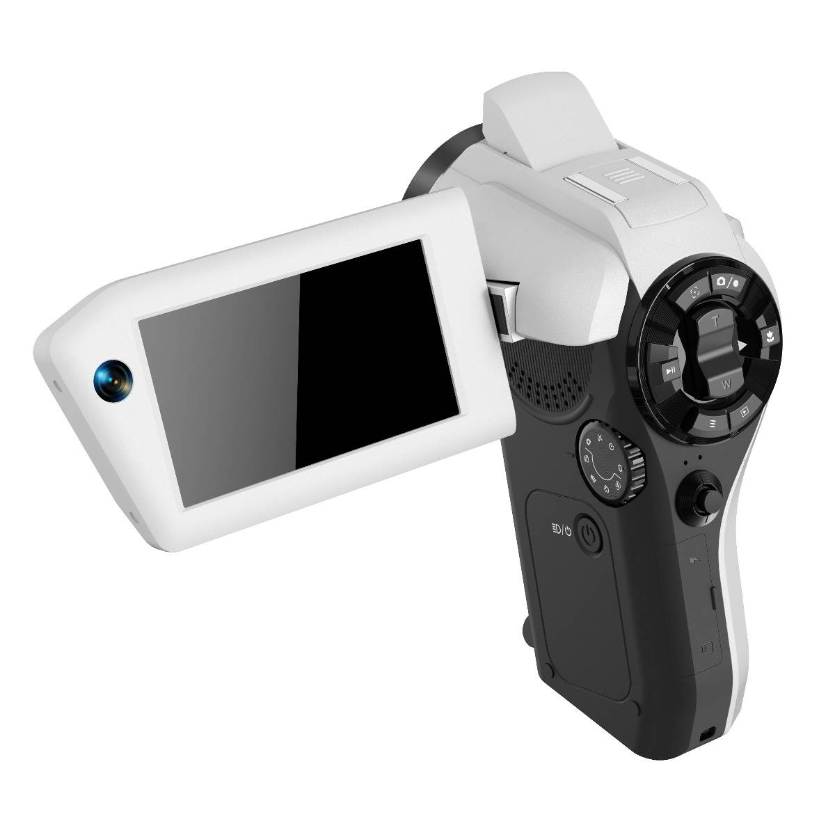 Tragbare Videokamera mit ausklappbarem LCD-Bildschirm, der nach links zeigt und offen ist, mit Sicht auf die Steuerelemente und das Objektiv der Kamera auf weißem Hintergrund.