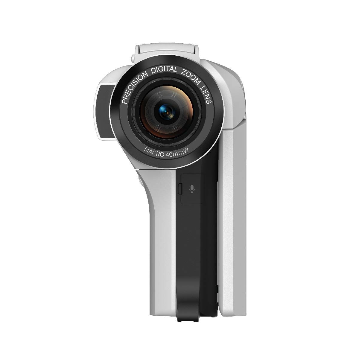 Frontansicht einer silbernen digitalen Videokamera mit einem großen Objektiv mit der Bezeichnung „PRECISION DIGITAL ZOOM LENS