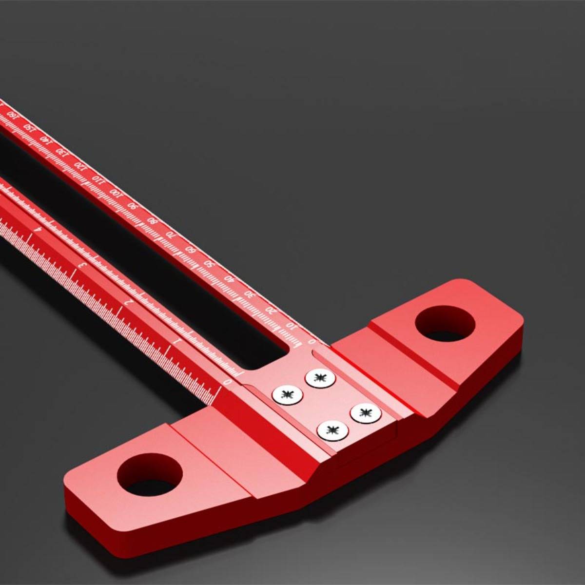 Rotes Metallmesswerkzeug mit langem Schlitzlineal und zwei Befestigungslöchern, diagonal auf dunklem Hintergrund dargestellt.