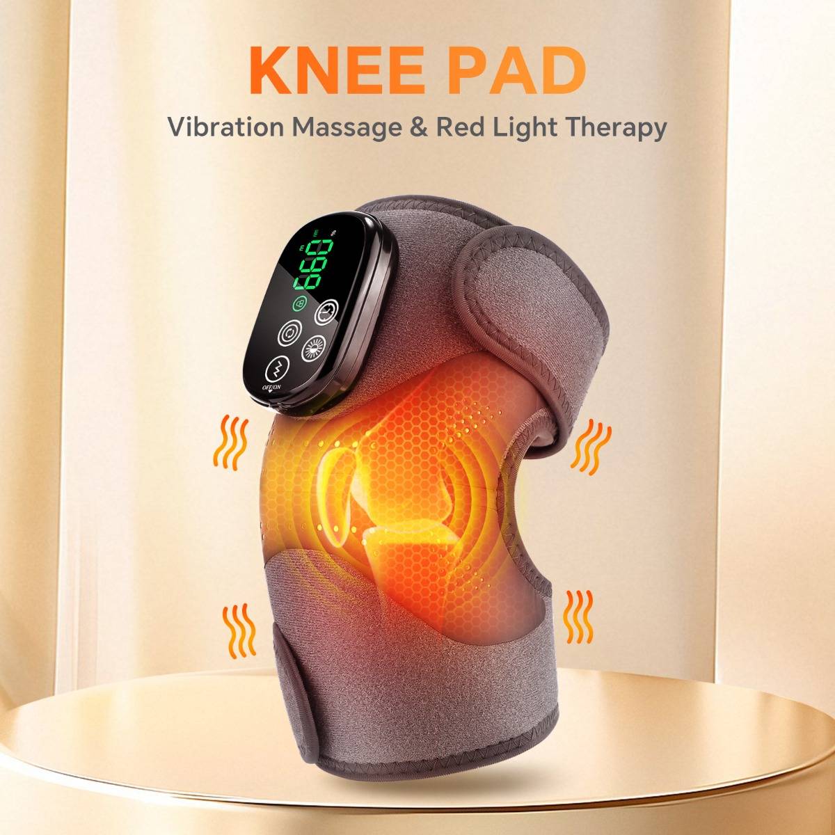 Kniebandage mit Vibrationsmassage und Rotlicht-Therapie, grauer Wickel mit digitaler Steuerungsanzeige und leuchtender Wärmewirkung um das Knie.