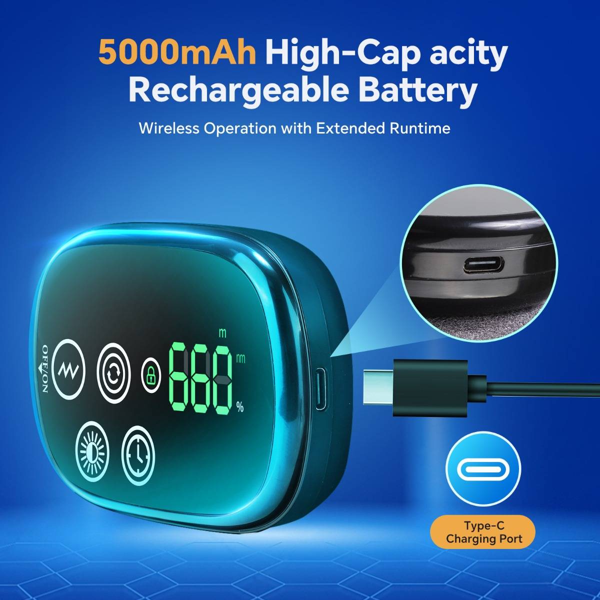 Werbegrafik eines aufladbaren kabellosen Geräts mit "5000-mAh-Hochleistungs-Akku"" und ""USB-C-Ladeanschluss"", zeigt eine Batterieanzeige und eine Nahaufnahme des Anschlusses.