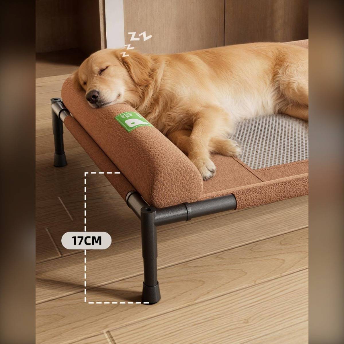 Ein schlafender Golden Retriever auf einem erhöhten braunen Haustierbett, mit einer Höhenmarkierung von „17 cm