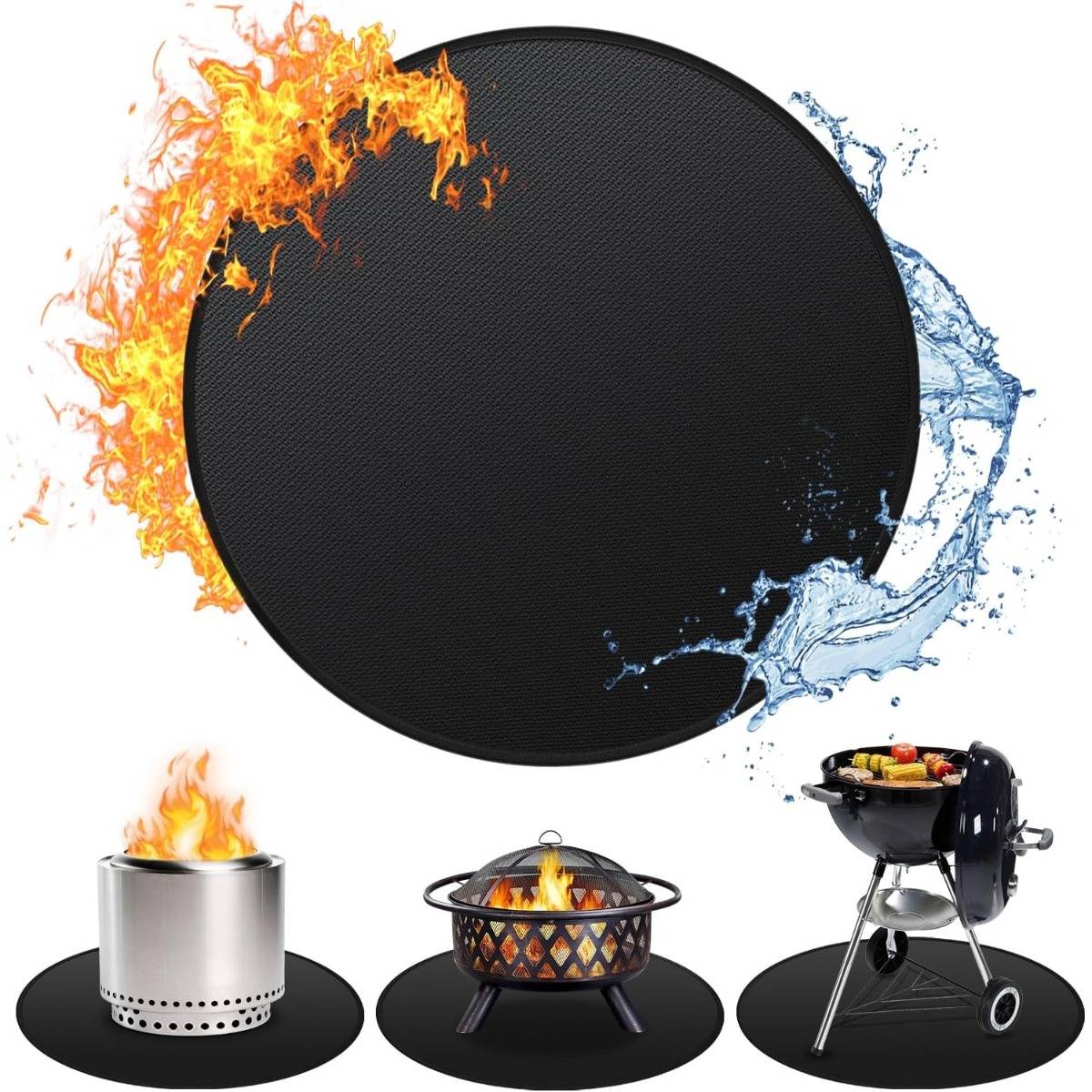 Zusammengesetzes Bild mit Feuer und Wasser um ein großes schwarzes Kreissymbol über drei Grills: einen Holzkohlegrill mit Schornstein, eine Feuerstelle und einen Kesselbrenner.