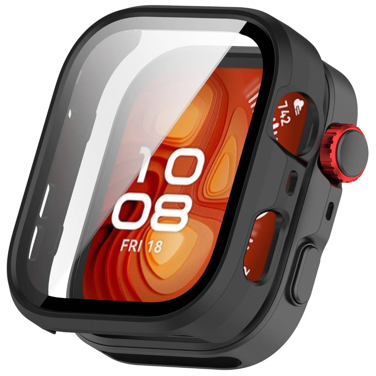 Schwarzes Smartwatch-Gehäuse mit Displayschutzfolie, roter Seitenkrone und Taste, im Winkel auf weißem Hintergrund dargestellt.