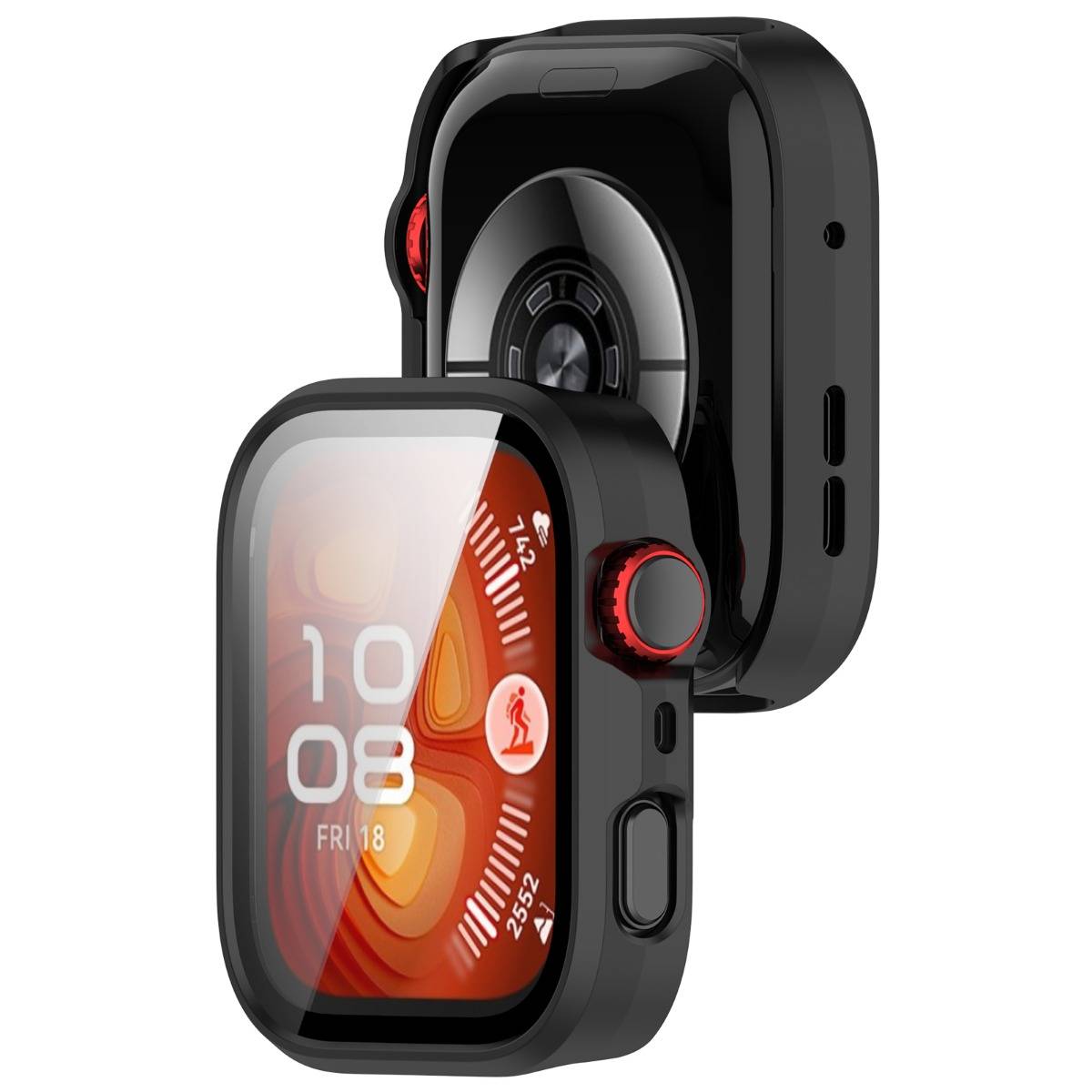 Zwei schwarze smartwatch-ähnliche Fitness-Tracker, einer zeigt die vordere Anzeige mit der Uhrzeit 10:08 und einer zeigt die Rückseite mit dem Sensor.