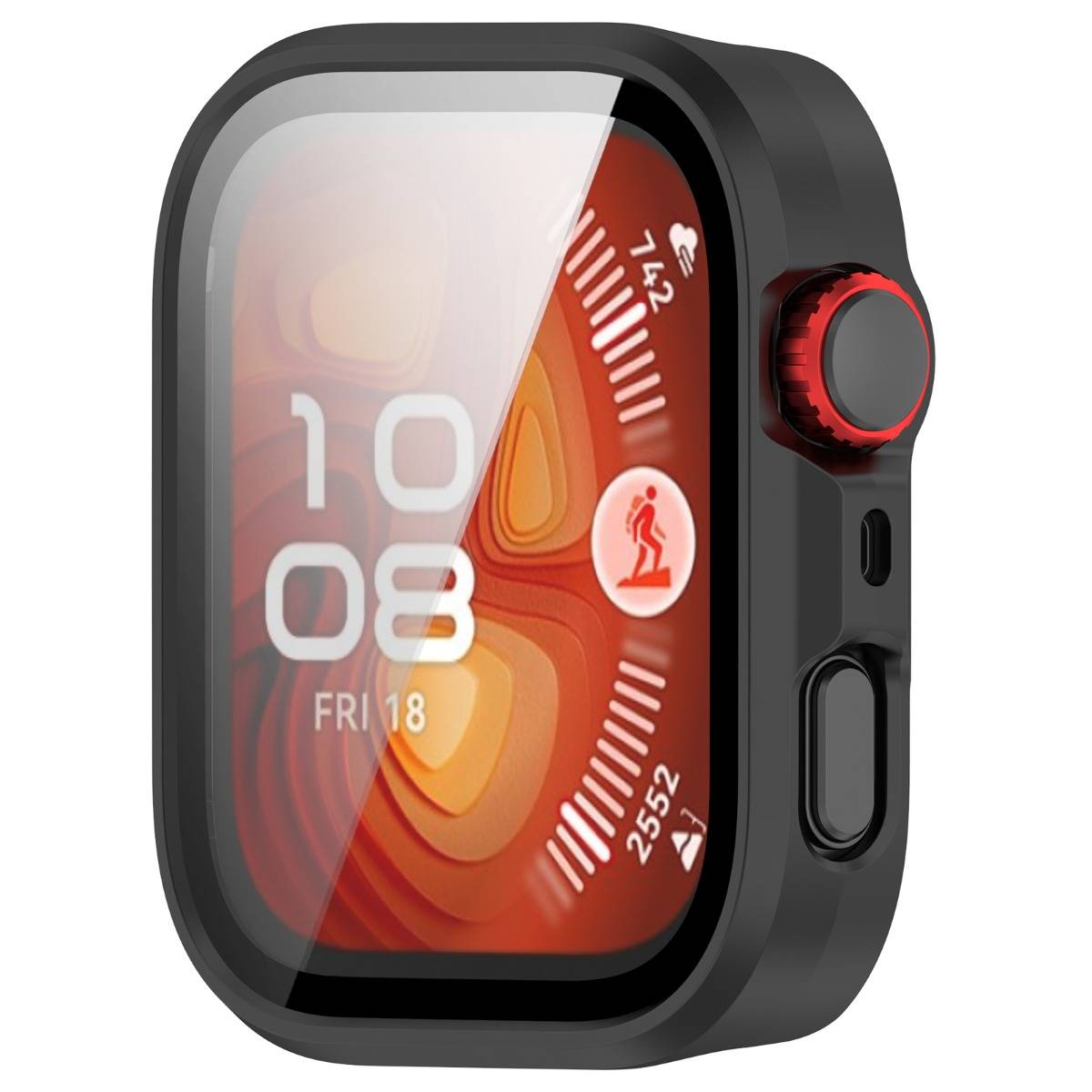 Schwarzes Smartwatch-Gehäuse mit quadratischem Display, das 10:08 und „FRI 18" anzeigt, rote Seitenkrone und Taste, Fitness-themed Zifferblatt.