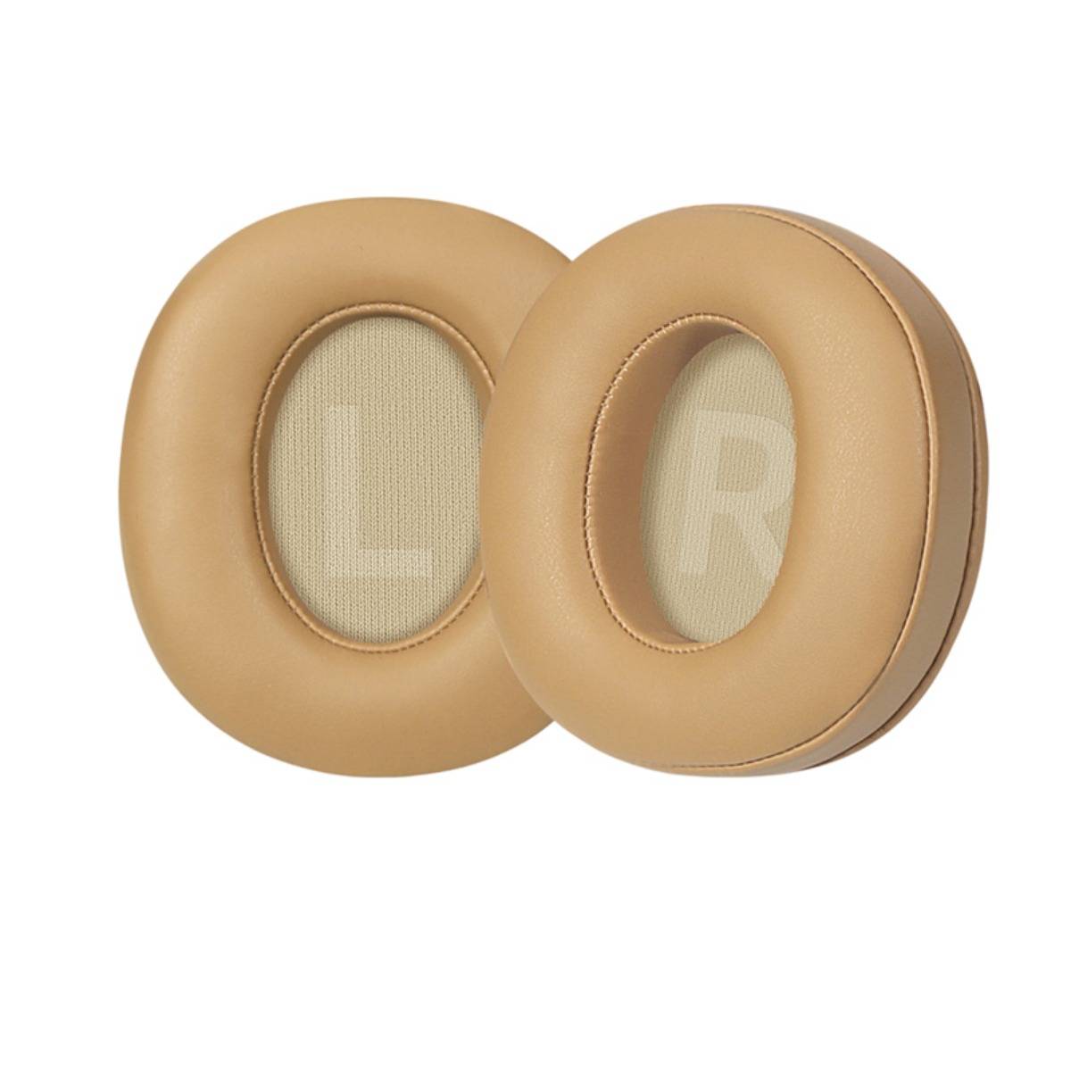 Paar beige Over-Ear-Kopfhörerkissen mit Beschriftung L und R auf weißem Hintergrund.