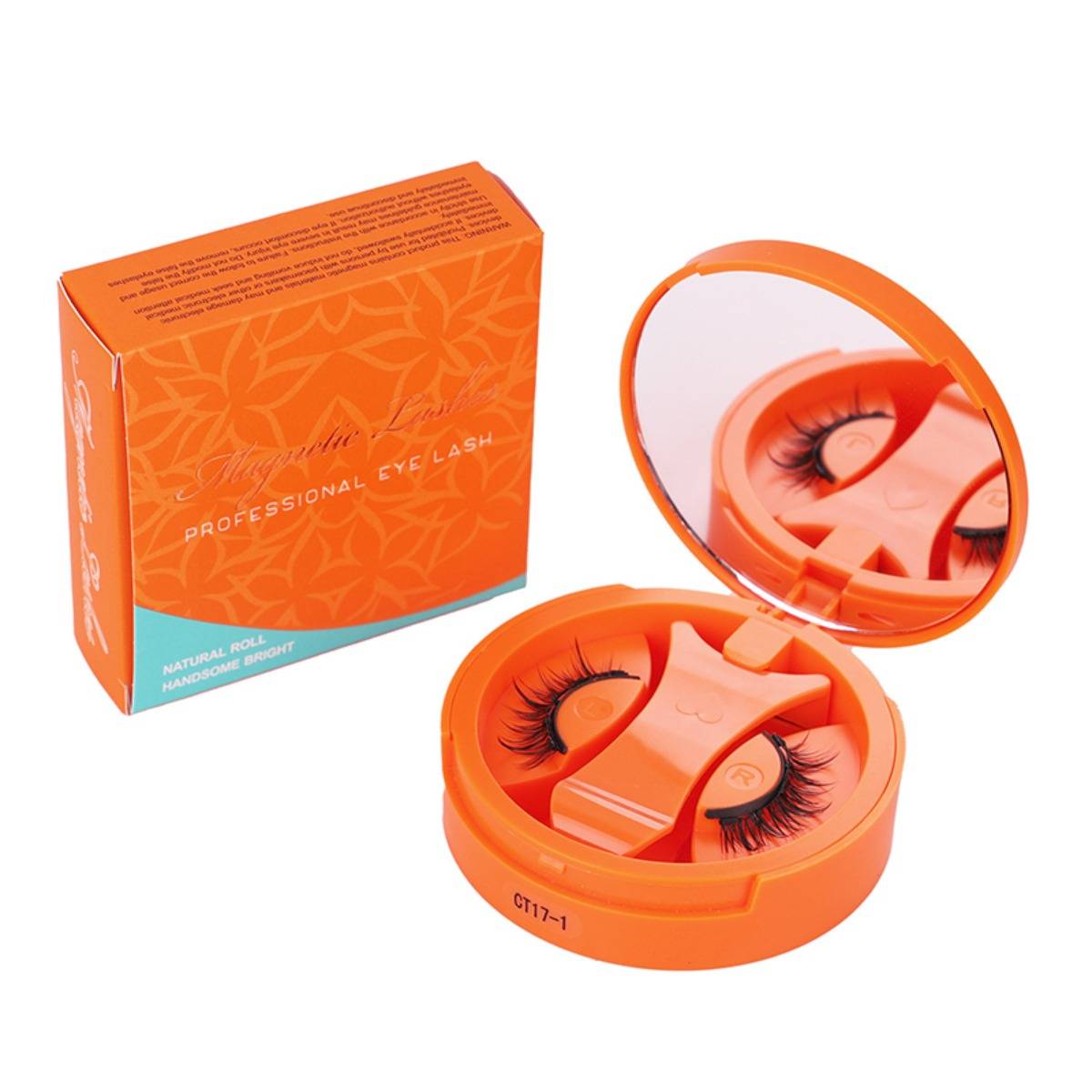 Orange 'Professional Eye Lash' Kunstwimpern-Set mit kompaktem Spiegelgehäuse und Produktbox auf weißem Hintergrund