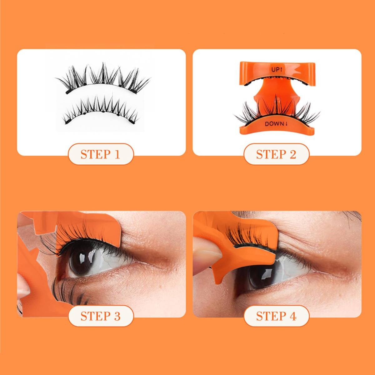 Anleitung zum Anbringen von Wimpern in vier Schritten mit einem gebogenen orangefarbenen Werkzeug, das zeigt, wie man künstliche Wimpern anbringt und entfernt, gekennzeichnet mit „SCHRITT 1