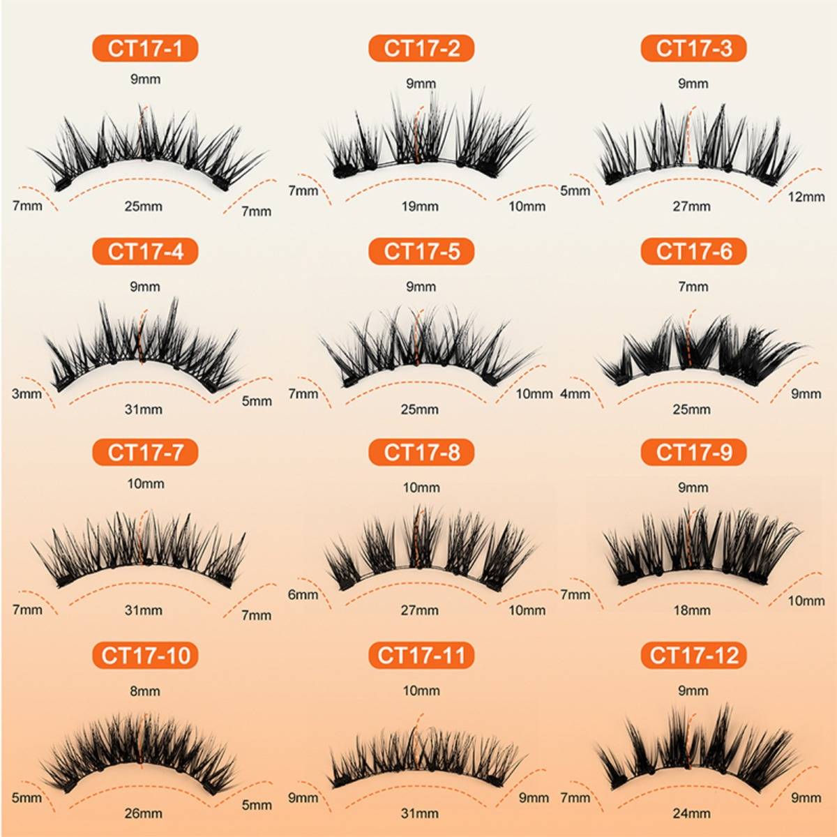 Magnetische falsche Wimpern Set 1 Paar – Leicht, 5-Magnet mit kleinen runden Magneten, Premium-Faser, Schwarz-Orange CT17-05
