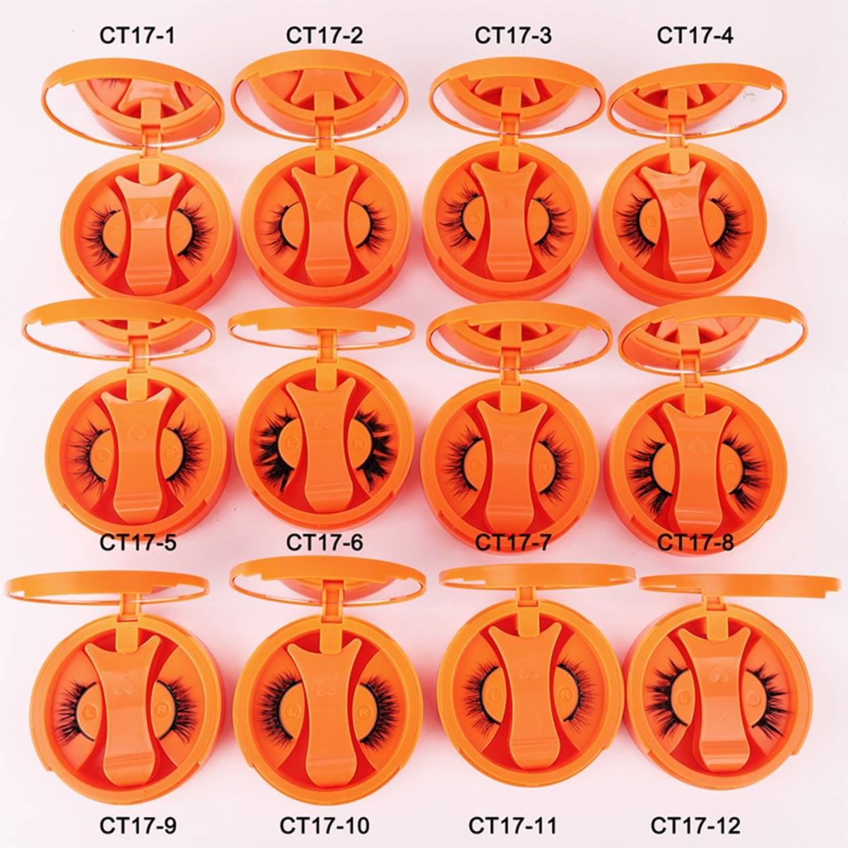 Raster mit 12 orangefarbenen kreisförmigen Wimpernzangern mit den Bezeichnungen CT17-1 bis CT17-12, das verschiedene Modelle oder Variationen zeigt.