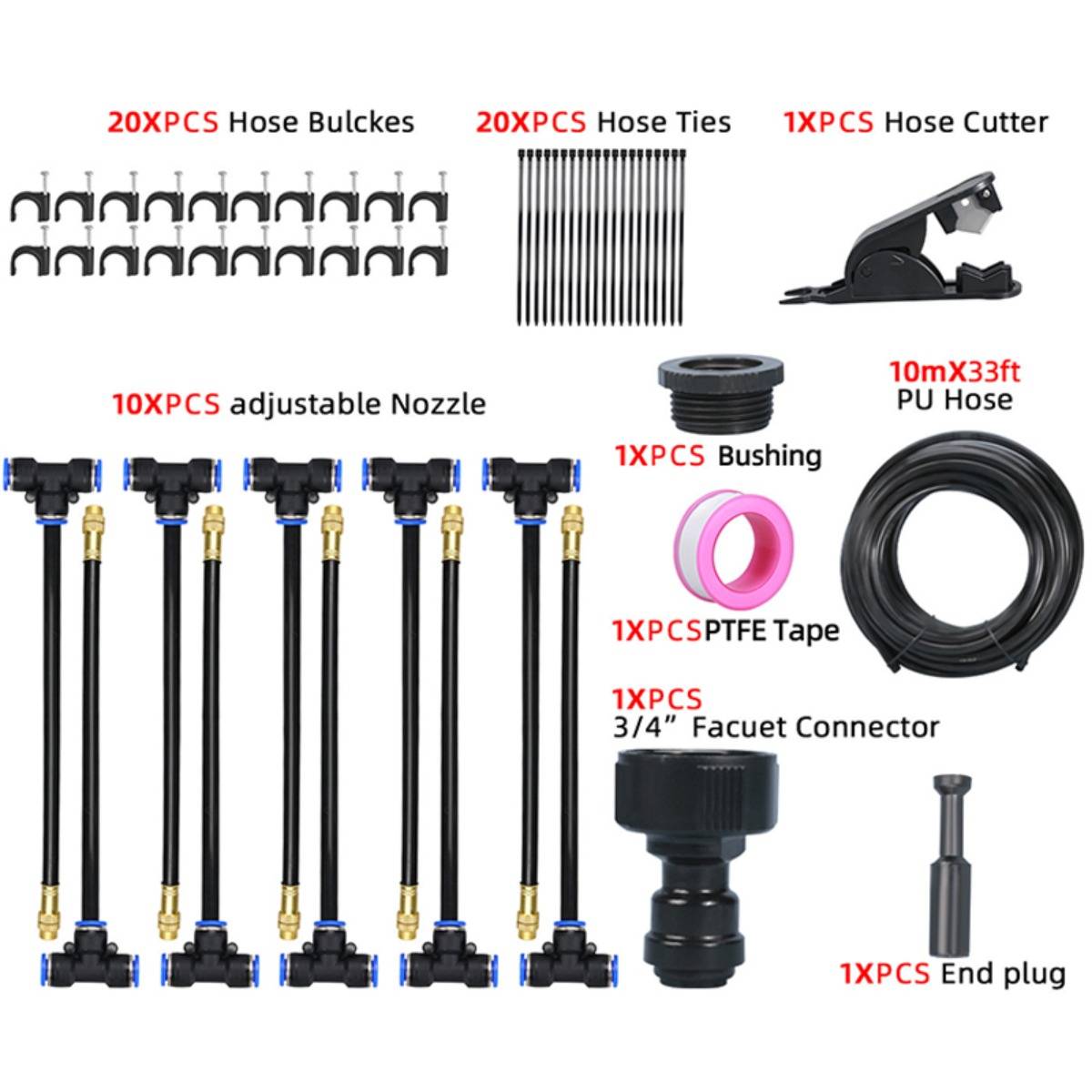 Gartenschlauch-Set mit 10 verstellbaren Düsen, 20 Schlauchhaken, 20 Schlauchbindern, Schlauchtrenner, 10m PU-Schlauch, Verschraubung, PTFE-Band, Wasserhahnanschluss und Endstöpsel.