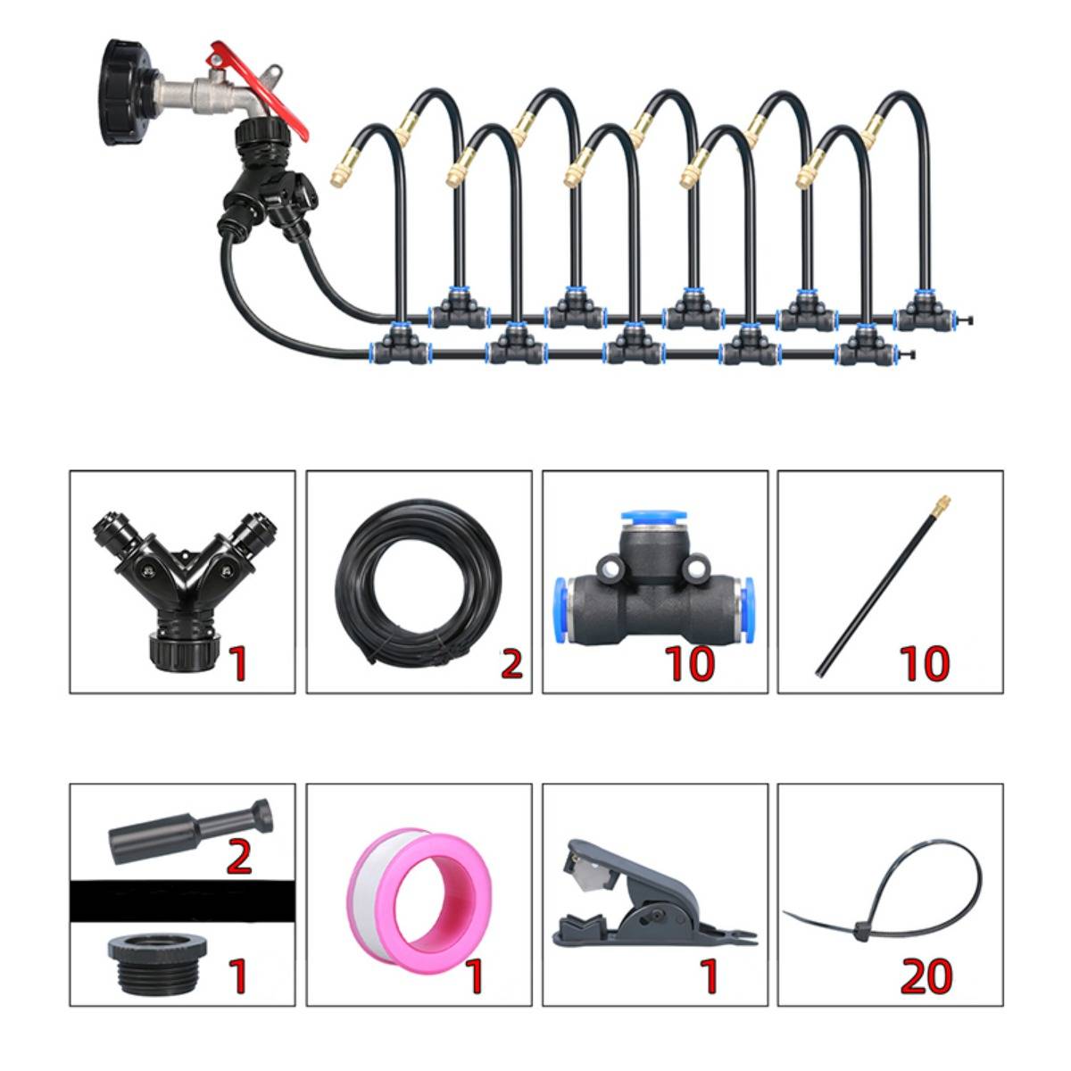 Tropfbewässerungsverteiler-Diagramm mit einer Pumpe, die 10 Tropfleitungen speist, mit Teileliste unten: Verteiler, Schlauch, Ventil, Tropfer, Verbindungsstücke, Klebeband, Schneider und Bindungen.