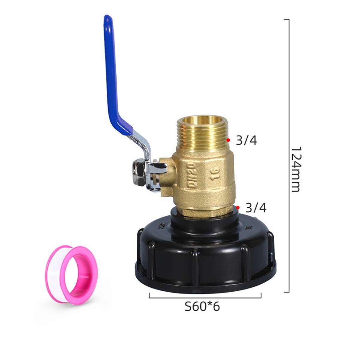 Messingkugelventil mit blauem Griff auf schwarzer Basis, mit 3/4-Zoll-Gewindeverbindungen; Abmessungen gekennzeichnet mit 124 mm Höhe und S60*6-Basis.