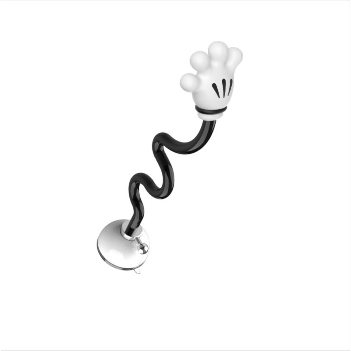 Ein flexibler schwarzer Lampenarm mit einem weißen pfotgeformten Lampenkopf und verchromtem Sockel auf einfachem weißem Hintergrund.