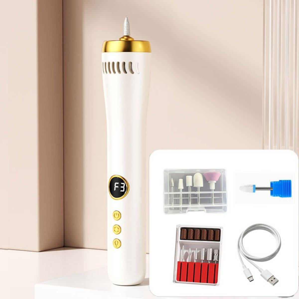 Weißer kabelloser elektrischer Nagelfräser-Stift mit goldenem Aufsatz und F3-Display, gezeigt neben Maniküre-Fräserkit, Schleifbändern und USB-Ladekabel.