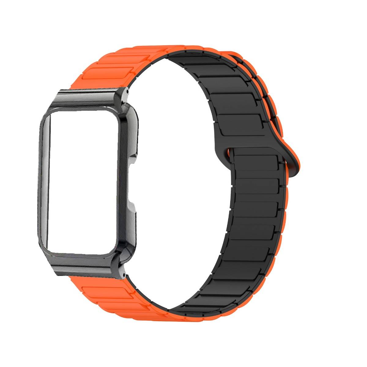 Orange-schwarze Smartwatch mit leerem rechteckigem Display und zweifarbigem Armband auf weißem Hintergrund.