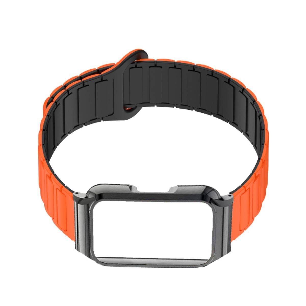 Orange-schwarze Smartwatch mit rechteckigem silbernem Gehäuse und strukturiertem Armband auf weißem Hintergrund.