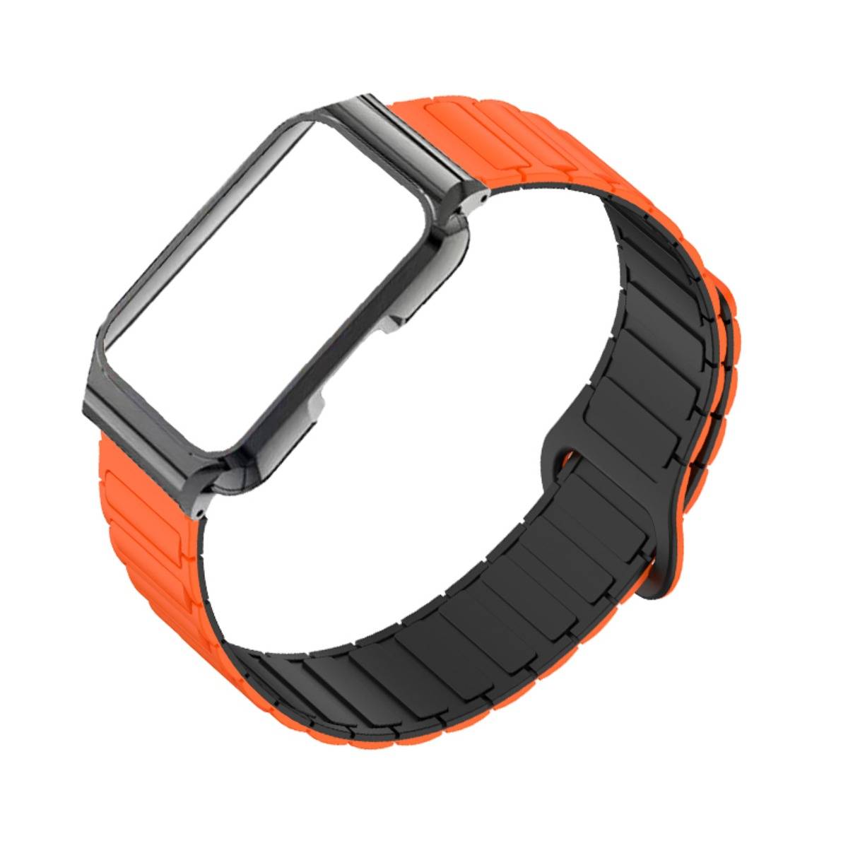 Smartwatch mit schwarzem rechteckigem Zifferblatt und orange-schwarzem Armband auf weißem Hintergrund.