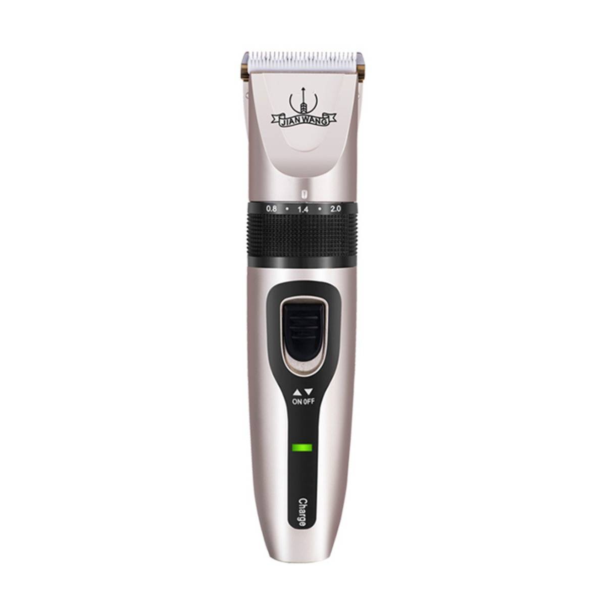 Kabelloser Haarschneider/Trimmer mit verstellbarem Schneideschutz, Schalter und grünem Batterieanzeiger auf weißem Hintergrund.