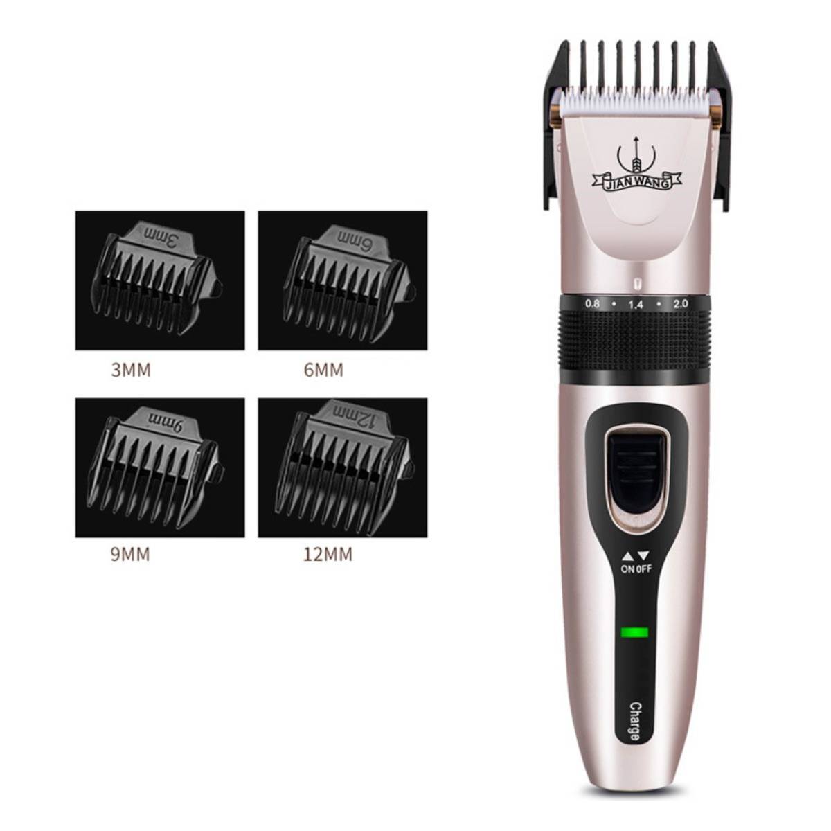 Haarschneidemaschine mit verstellbaren Schutzaufsätzen in 3mm, 6mm, 9mm und 12mm Längen auf der linken Seite und der kabellose Trimmer auf der rechten Seite.