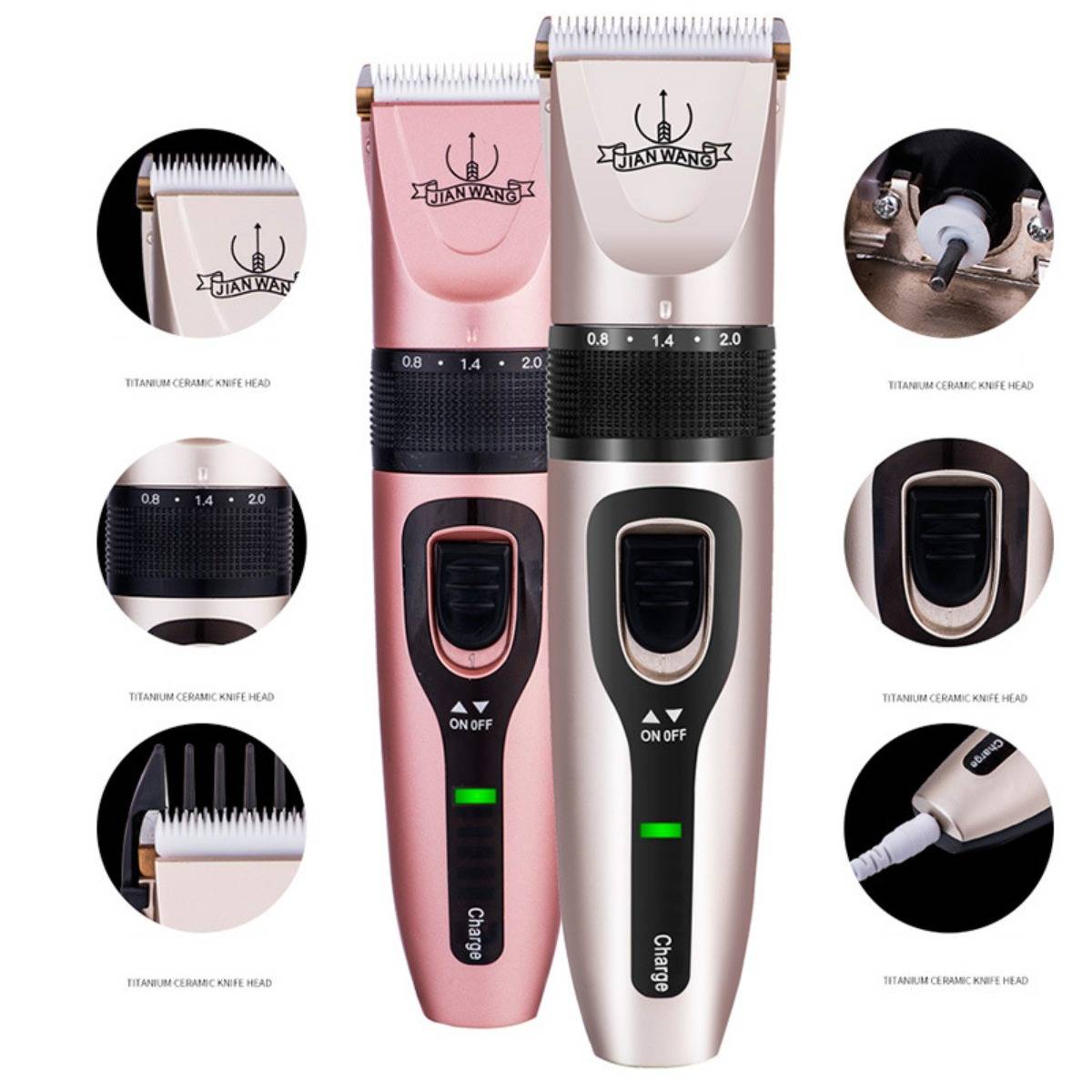 Produktbild von zwei kabellosen Haarschneidemaschinen in Rosa und Silber mit verstellbaren Klingenschutzvorrichtungen, Ein-/Ausschaltern und Ladeanschlüssen, dargestellt mit detaillierten Nahaufnahme-Beschriftungen.
