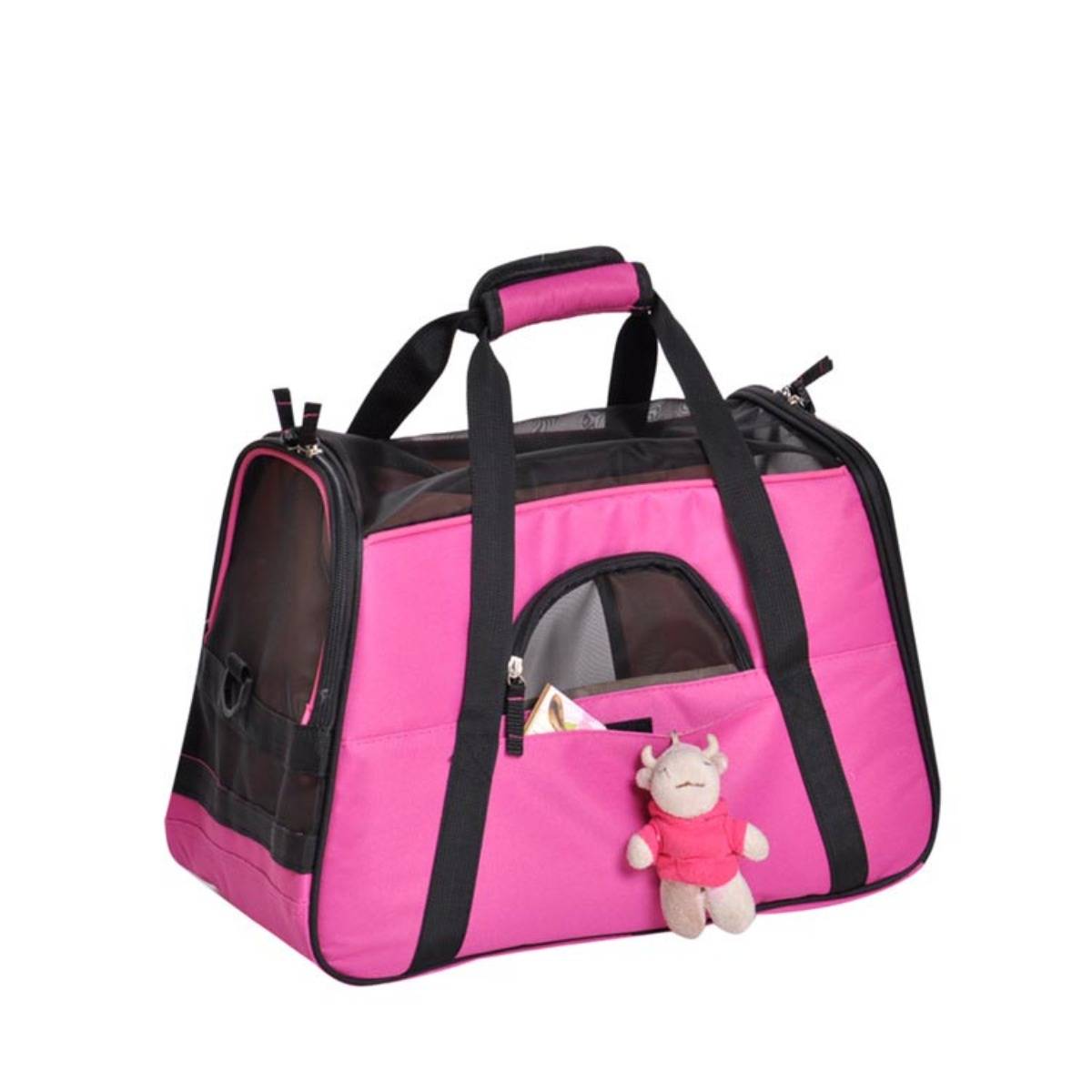 Rosa und schwarze Haustiertransporttasche mit Netzseitenwänden, oberen Griffen und einer vorderen Tasche, die ein kleines Kuscheltier hält.