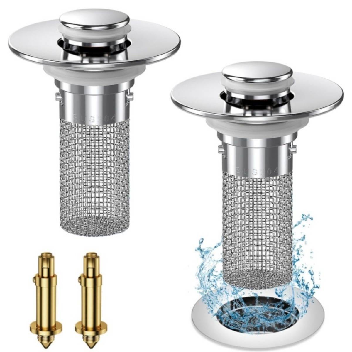 Zwei verchromte Spülbecken-Siebe mit Maschenkörbchen, abgebildet mit goldfarbenen Messingabflussarmaturen und Wasser, das in einen Abfluss fließt.