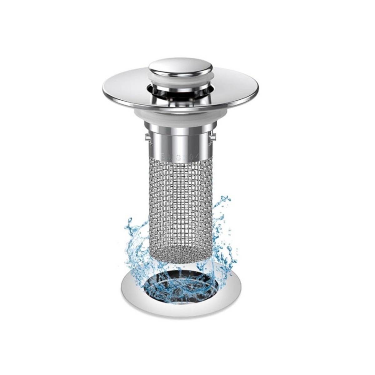 Chrome-Spülenabfluss-Stöpsel mit Maschenkorb-Sieb, dargestellt mit Wasser, das durchfließt und unten spritzt.