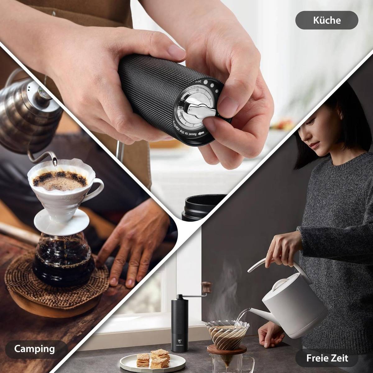 Collage zeigt einen tragbaren Kaffeebereiter und handgebrühten Kaffee in Küchen- und Campingumgebungen, beschriftet mit „Küche", „Camping"" und „Freie Zeit"".