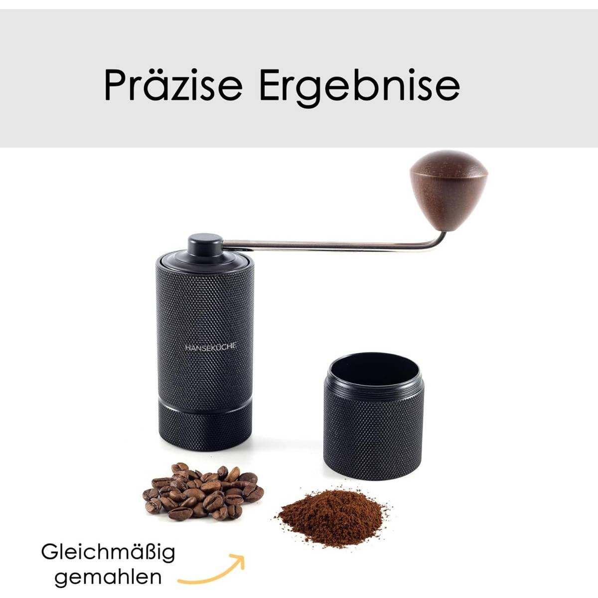 Produktabbildung einer manuellen Kaffeemühle mit hölzernem Kurbel, mit den Aufschriften "Präzise Ergebnisse"" und ""Gleichmäßig gemahlen"", wobei ganze Bohnen und gemahlener Kaffee gezeigt werden.