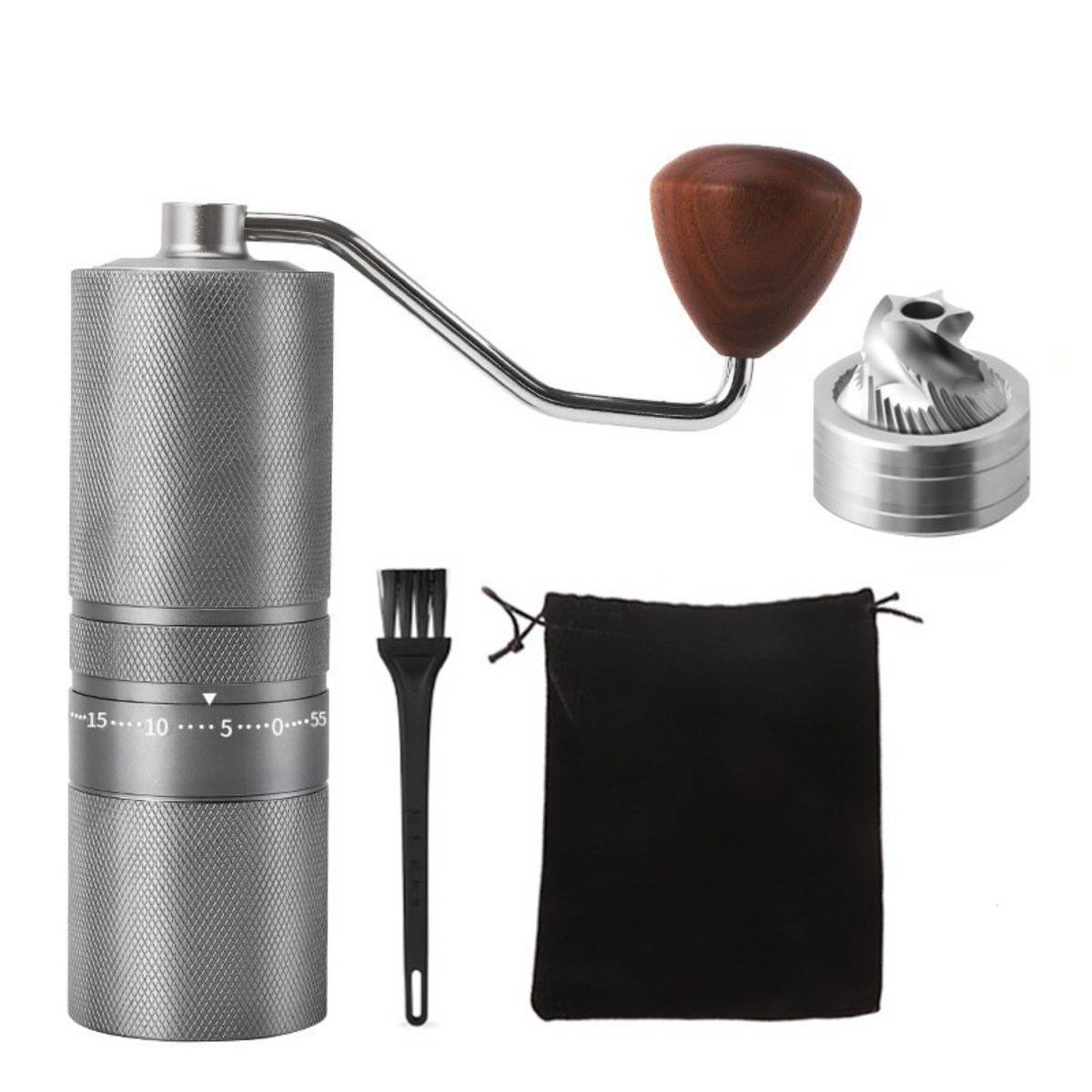 Handkurbel-Kaffeemühle mit CNC-justierbarem Stahl-Siebenstern-Burr, Edelstahl- und Aluminiumgehäuse, Pfirsichholzgriff, 6-stufige Mahlgradeinstellun