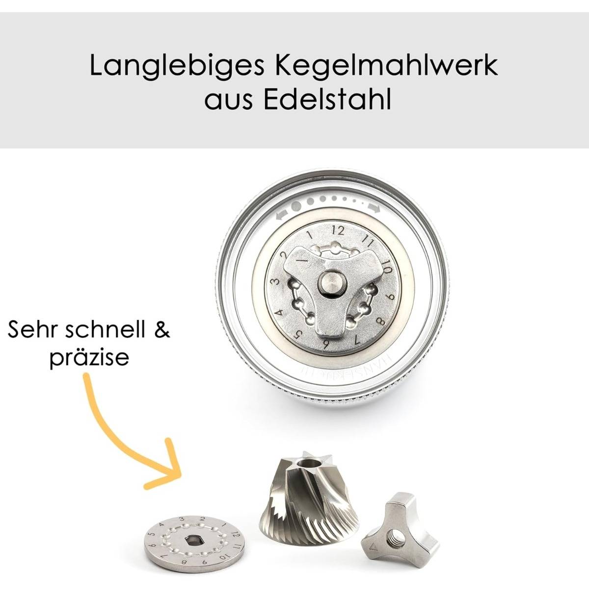 Handkurbel-Kaffeemühle mit CNC-justierbarem Stahl-Siebenstern-Burr, Edelstahl- und Aluminiumgehäuse, Pfirsichholzgriff, 6-stufige Mahlgradeinstellun