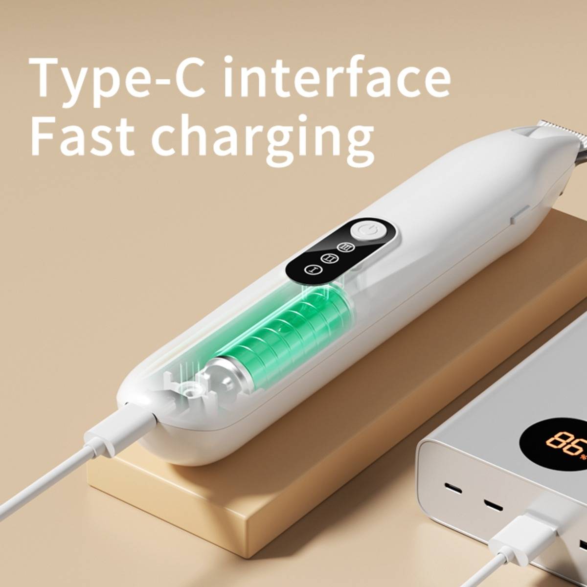 Anzeige für ein weißes wiederaufladbares zahnbürstenförmiges Gerät mit grüner Batterierkammer, beschriftet mit "Type-C Schnittstelle Schnelladung"", eingestöpselt zum Aufladen.