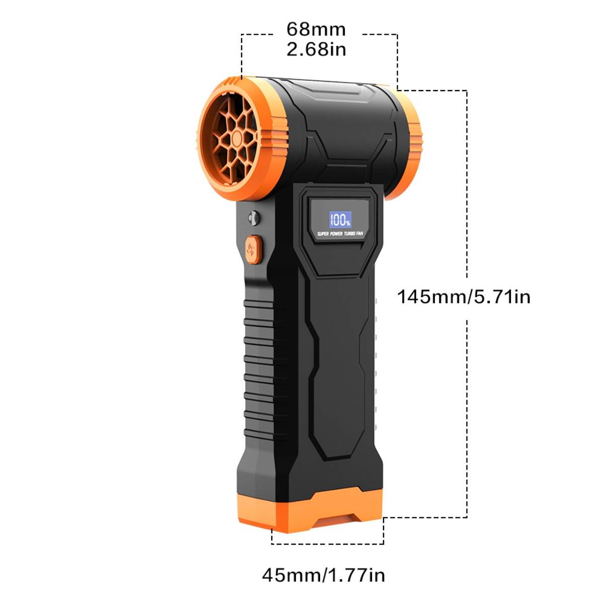 Tragbare tragbare Luftpumpe in Schwarz und Orange mit den Abmessungen 145 mm hoch, 68 mm breit und 45 mm tief.