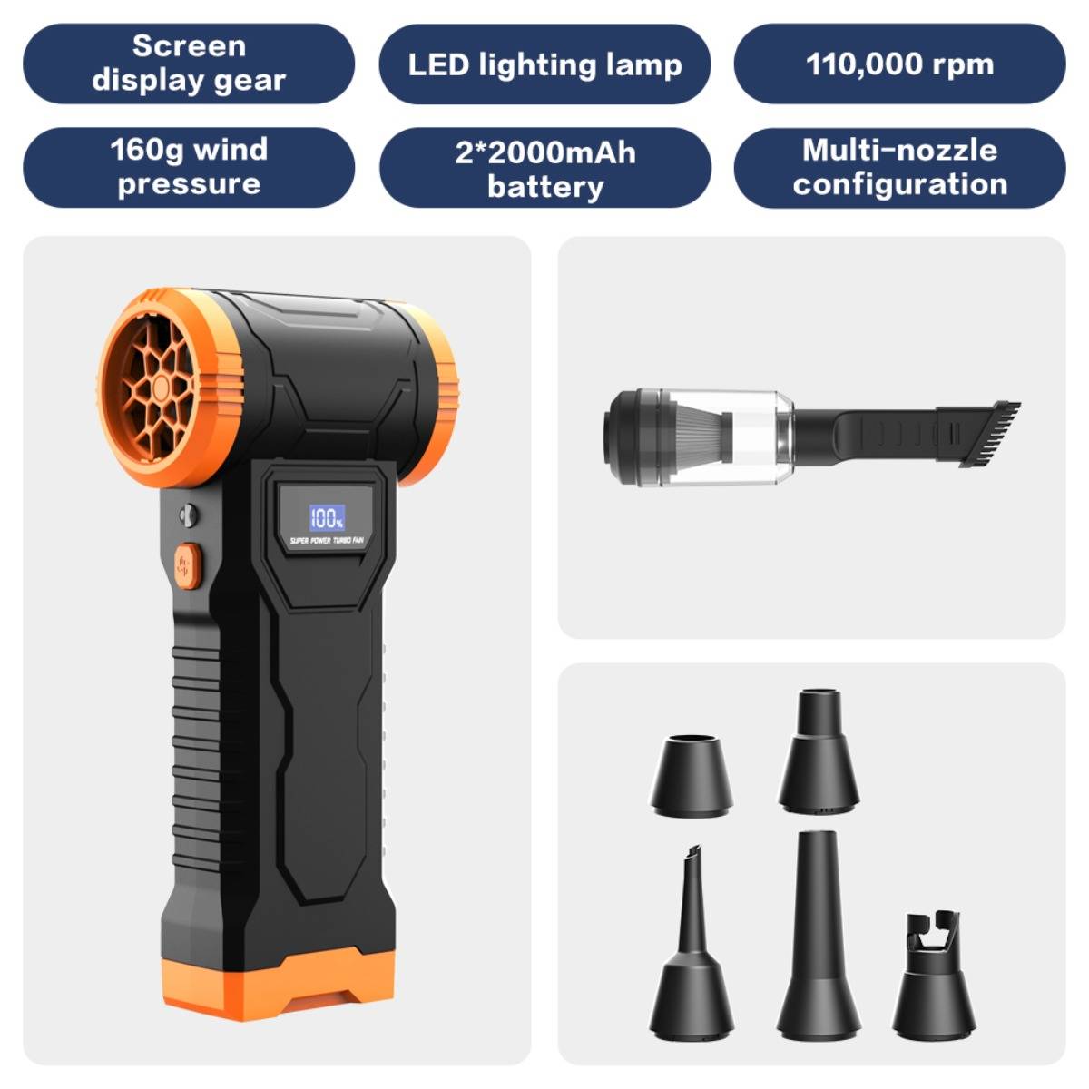 Produktwerbebild eines tragbaren elektrischen Druckluftreinigers mit Bildschirmanzeige, LED-Lampe, Motor mit 110.000 U/min, Winddruckkraft von 160g, 2x2000mAh Batterie und mehreren Düsen.