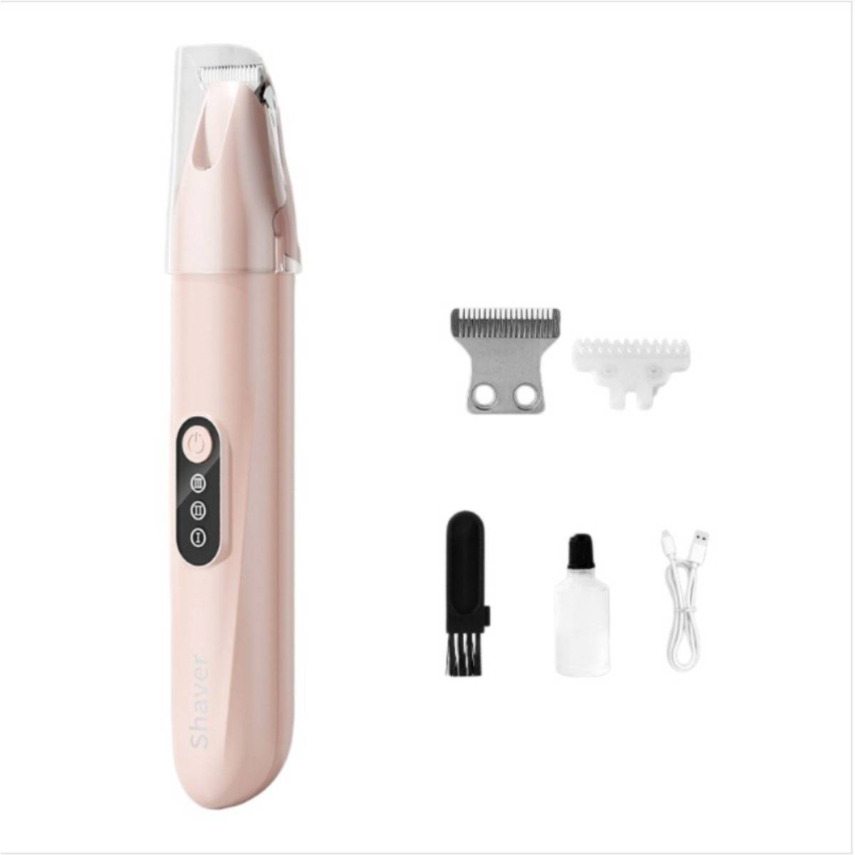 Rosa elektrischer Grooming-Trimmer mit Ein-/Ausschalter, dargestellt mit zwei Clipper-Aufsätzen, Reinigungsbürste, Ölfläschchen und USB-Ladekabel.