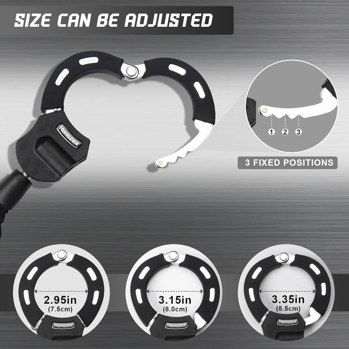 Verstellbares schwarzweißes gekrümmtes Klemmwerkzeug mit „GRÖSSE KANN ANGEPASST WERDEN" und „3 FESTE POSITIONEN""; zeigt drei Breitenoptionen: 2,95 Zoll, 3,15 Zoll und 3,35 Zoll.