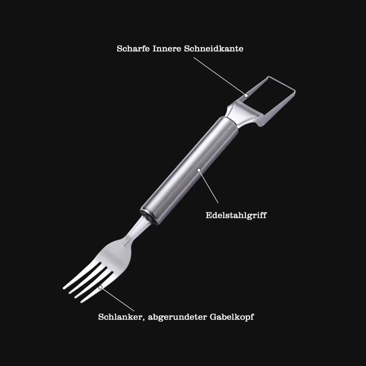 Annotierte Gabel mit Edelstahlgriff, scharfer Innenkante und schmalem, abgerundetem Gabelkopf; deutsche Beschriftungen zeigen auf die Hauptmerkmale.