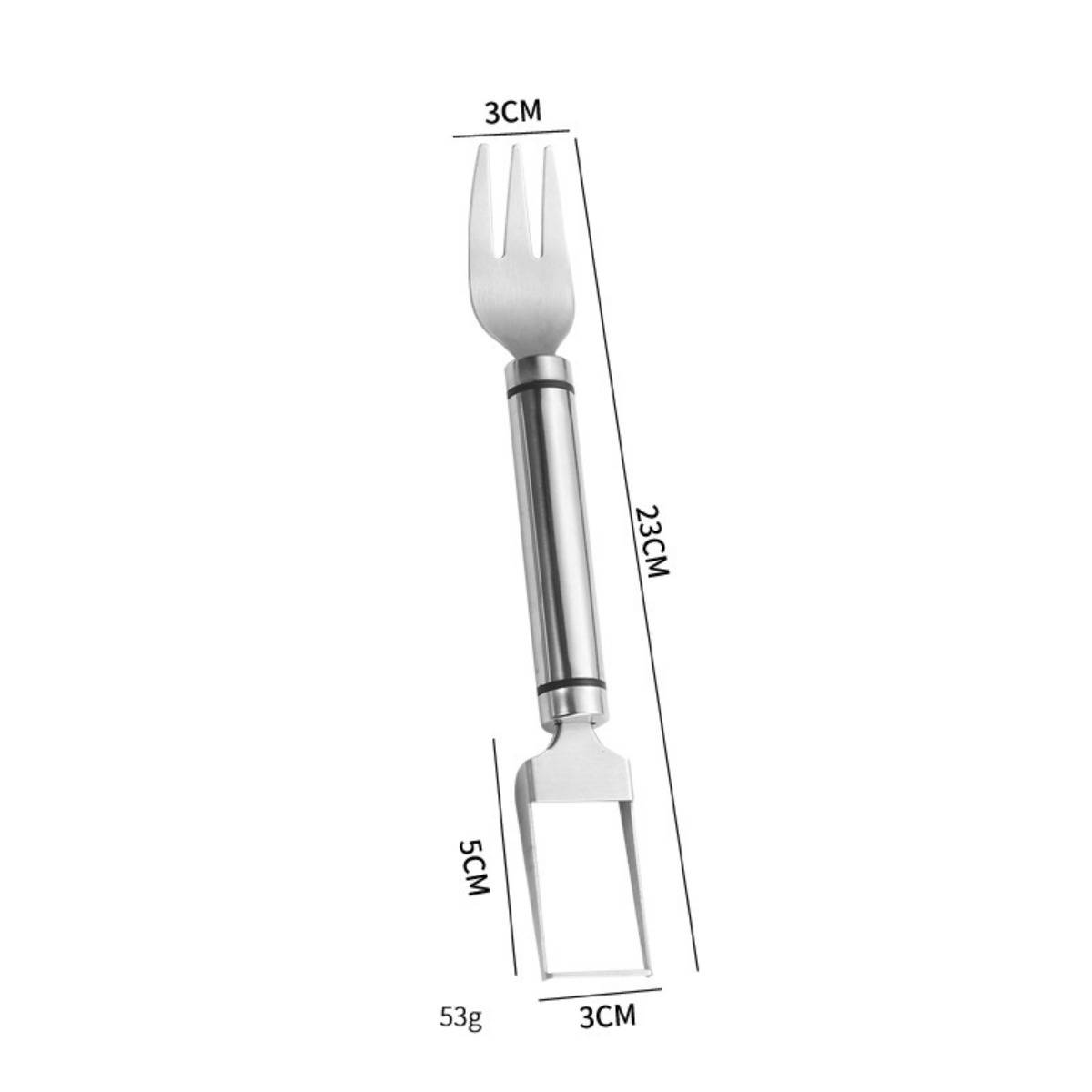 Produktbild eines aus Edelstahl gefertigten 2-in-1-Gabel- und Spatelutensils, gekennzeichnet mit einer Länge von 23 cm, einer Breite von 3 cm und einem Gewicht von 53 g.