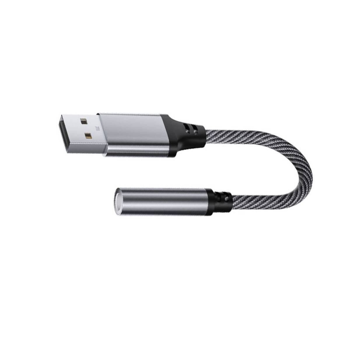 Kurzes geflochtenes USB-Kabel mit einem Metall-USB-A-Stecker und einem zylindrischen Steckerendstück auf weißem Hintergrund.