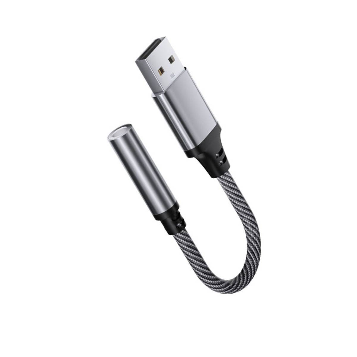Kurzes USB-C-Ladekabel mit einem metallischen USB-A-Stecker und einer zylindrischen magnetischen Ladetips auf einem geflochtenen schwarzen Kabel.