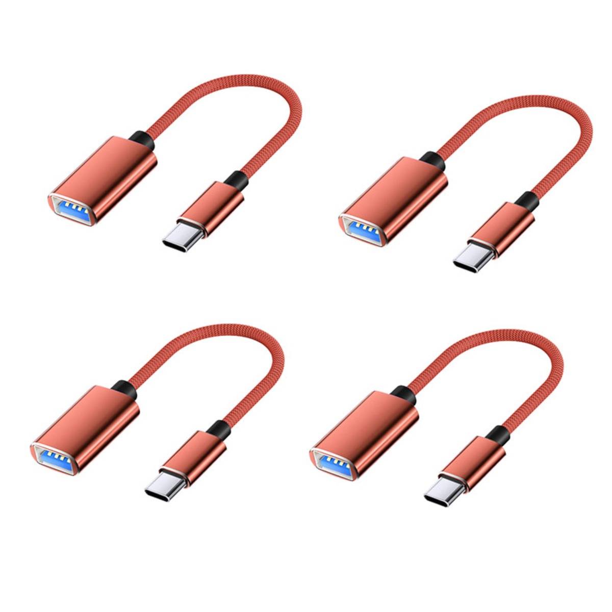 Vier Ansichten eines roten geflochtenen USB-C-auf-USB-A-Adapterkabels auf weißem Hintergrund.