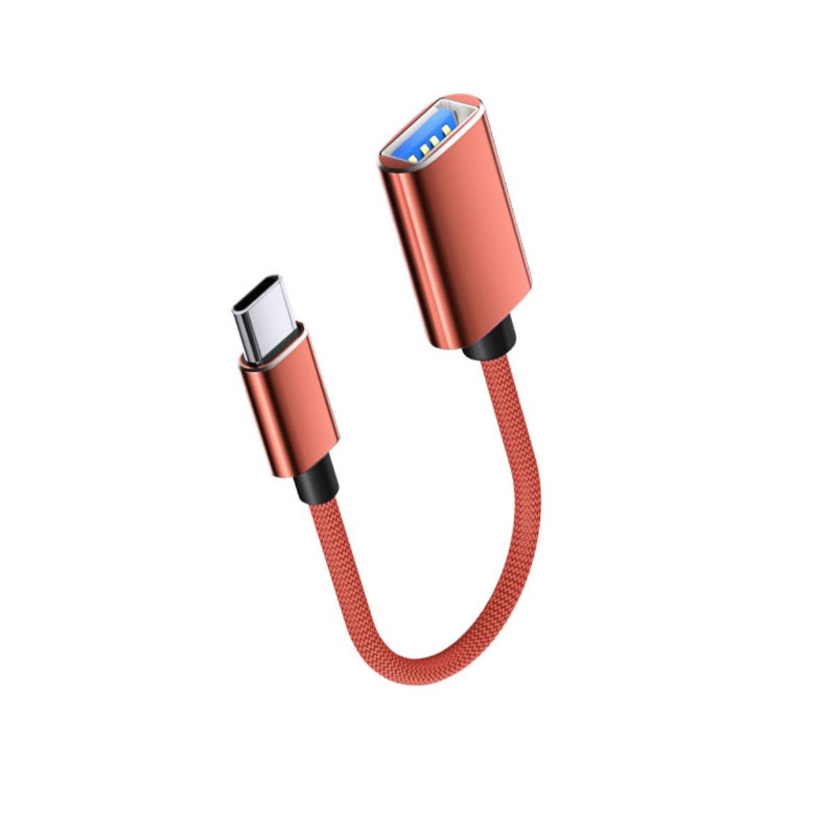 Roter USB-C-zu-USB-A-Kabeladapter mit geflochtenem Kabel, auf weißem Hintergrund dargestellt.